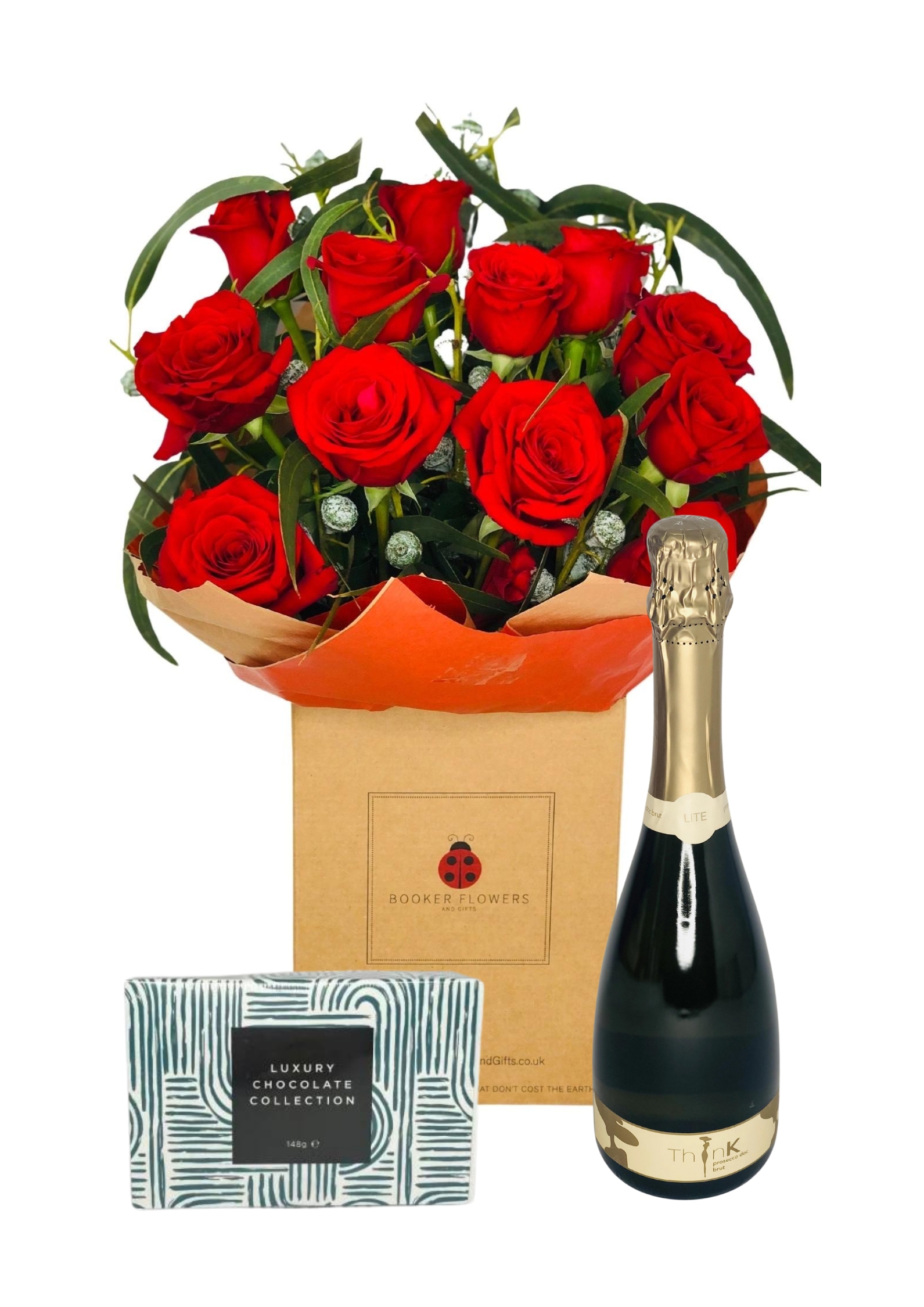 <h2>12 Red Roses with Chocolates and Prosecco - Gift Set</h2>
<br>
<ul>
<li>Romantic Gift Set</li>
<li>Approximate Dimensions of Bouquet: 50cm x 40cm</li>
<li>Flowers arranged by hand and gift wrapped in our signature eco-friendly packaging and finished off with a hidden wooden ladybird</li>
<li>To give you the best occasionally we may make substitutes</li>
<li>Our flowers backed by our 7 days freshness guarantee</li>
<li>For delivery area coverage see below</li>
</ul>
<br>
<h2>Flower Delivery Coverage</h2>
<p>Our shop delivers flowers to the following Liverpool postcodes L1 L2 L3 L4 L5 L6 L7 L8 L11 L12 L13 L14 L15 L16 L17 L18 L19 L24 L25 L26 L27 L36 L70 If your order is for an area outside of these we can organise delivery for you through our network of florists. We will ask them to make as close as possible to the image but because of the difference in stock and sundry items it may not be exact.</p>
<br>
<h2>Hand-tied Bouquet | Gift Set</h2>
<p>This romantic Gift Set contains a beautiful bouquet of 12 red roses which is hand-arranged by our professional florists together with a 115g box of luxury Maison Fougere Belgian Chocolates and a bottle of ThInk Prosecco which is organic and vegan.</p>
<br>
<p>Handtied bouquets are a lovely display of fresh flowers that have the wow factor. The advantage of having a bouquet made this way is that they are artfully arranged by our florists and tied so that they stay in the display.</p>
<br>
<p>They are then gift wrapped and aqua packed in a water bubble so that at no point are the flowers out of water. This means they look their very best on the day they arrive and continue to delight for days after.</p>
<br>
<p>Being delivered in a transporter box and in water means the recipient does not need to put the flowers in a vase straight away they can just put them down and enjoy.</p>
<br>
<p>The bouquet features 12 red large-headed roses hand-arranged together with mixed seasonal foliages.</p>
<br>
<h2>Eco-Friendly Liverpool Florists</h2>
<p>As florists we feel very close earth and want to protect it. Plastic waste is a huge problem in the florist industry so we made the decision to make our packaging eco-friendly.</p>
<p>To achieve this we worked with our packaging supplier to remove the lamination off our boxes and wrap the tops in an Eco Flowerwrap which means it easily compostable or can be fully recycled.</p>
<p>Once you have finished enjoying your flowers from us they will go back into growing more flowers! Only a small amount of plastic is used as a water bubble and this is biodegradable.</p>
<p>Even the sachet of flower food included with your bouquet is compostable.</p>
<p>All our bouquets have small wooden ladybird hidden amongst them so do not forget to spot the ladybird and post a picture on our social media pages to enter our rolling competition.</p>
<br>
<h2>Flowers Guaranteed for 7 Days</h2>
<p>Our 7-day freshness guarantee should give you confidence that we will only send out good quality flowers.</p>
<p>Leave it in our hands we will create a marvellous bouquet which will not only look good on arrival but will continue to delight as the flowers bloom.</p>
<br>
<h2>Liverpool Flower Delivery</h2>
<p>We are open 7 days a week and offer advanced booking flower delivery same-day flower delivery 3-hour flower delivery. Guaranteed AM PM or Evening Flower Delivery and also offer Sunday Flower Delivery.</p>
<p>Our florists deliver in Liverpool and can provide flowers for you in Liverpool Merseyside. And through our network of florists can organise flower deliveries for you nationwide.</p>
<br>
<h2>The Best Florist in Liverpool your local Liverpool Flower Shop</h2>
<p>Come to Booker Flowers and Gifts Liverpool for your beautiful flowers and plants. For that bit of extra luxury we also offer a lovely range of finishing touches such as wines champagne locally crafted Gin and Rum Vases Scented Candles and Chocolates that can be delivered with your flowers.</p>
<p>To see the full range see our extras section.</p>
<p>You can trust Booker Flowers and Gifts of delivery the very best for you.</p>
<p><br /><br /></p>
<p><em>5 Star review on Yell.com</em></p>
<br>
<p><em>Thank you Gemma for your fabulous service. The flowers are of the highest quality and delivered with a warm smile. My sister was delighted. Ordering was simple and the communications were top-notch. I will definitely use your services again.</em></p>